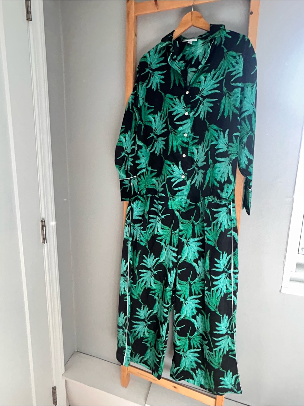 Fe Noel Black Jumpsuit with Green Palm Print